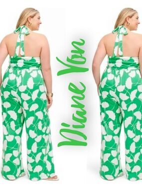 Diane Von Furstenberg Green and White Halter Floral Jumpsuit